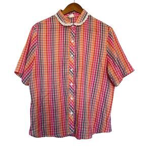 Vtg‎ Wrangler Rainbow Plaid Crochet Collar Shirt Western Cowgirl Size 38 USA